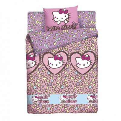 Детский 1,5 спальный комплект постельного белья  "Hello Kitty" "Леопард" Ранфорс